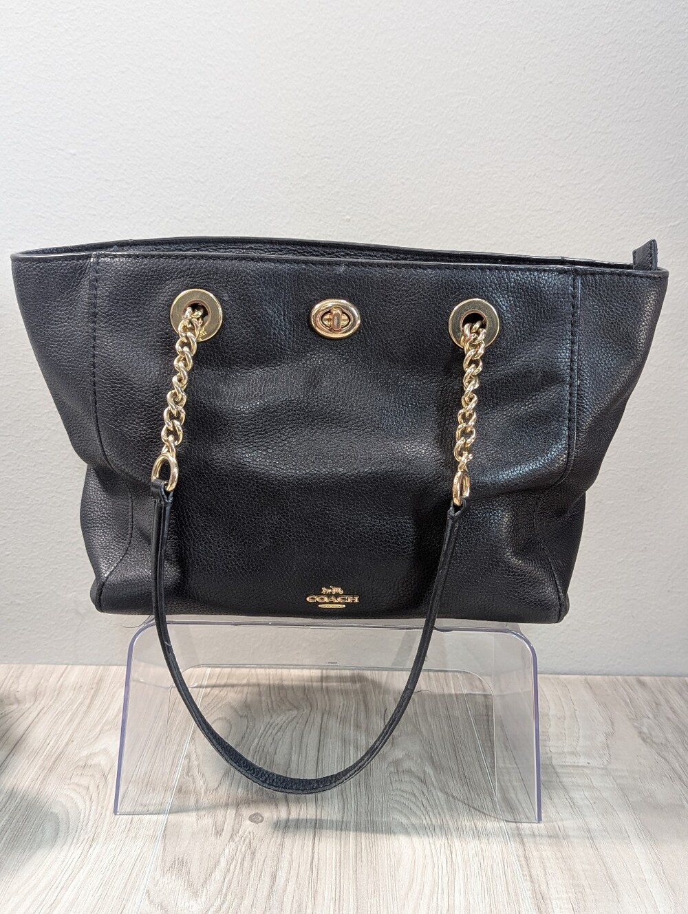 Coach | Authentic Black and Gold Pebbled Leather Turnlock Chain Tote